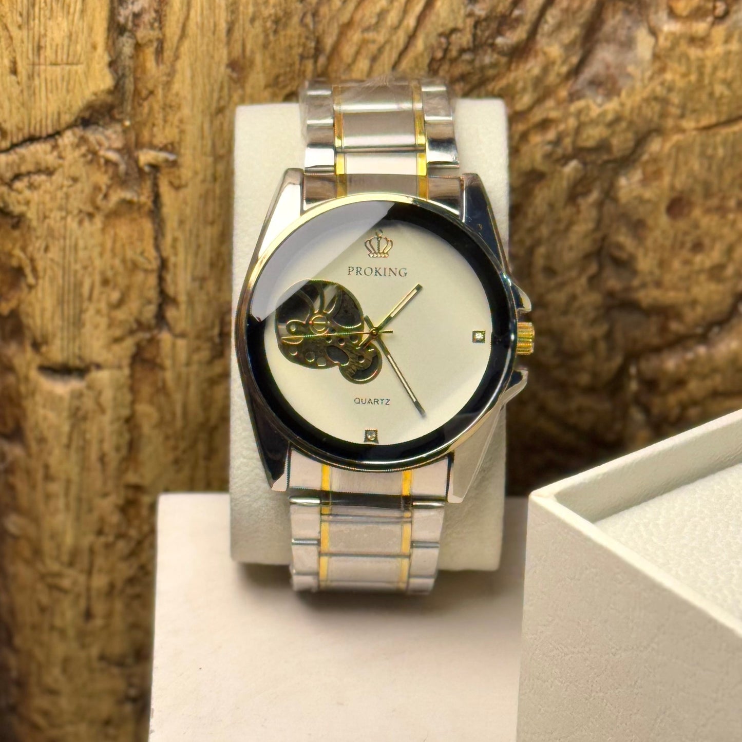 Proking Silver & Gold Skeleton Dial Quartz Watch – Elegant Design - AESTHETIC WATCHES