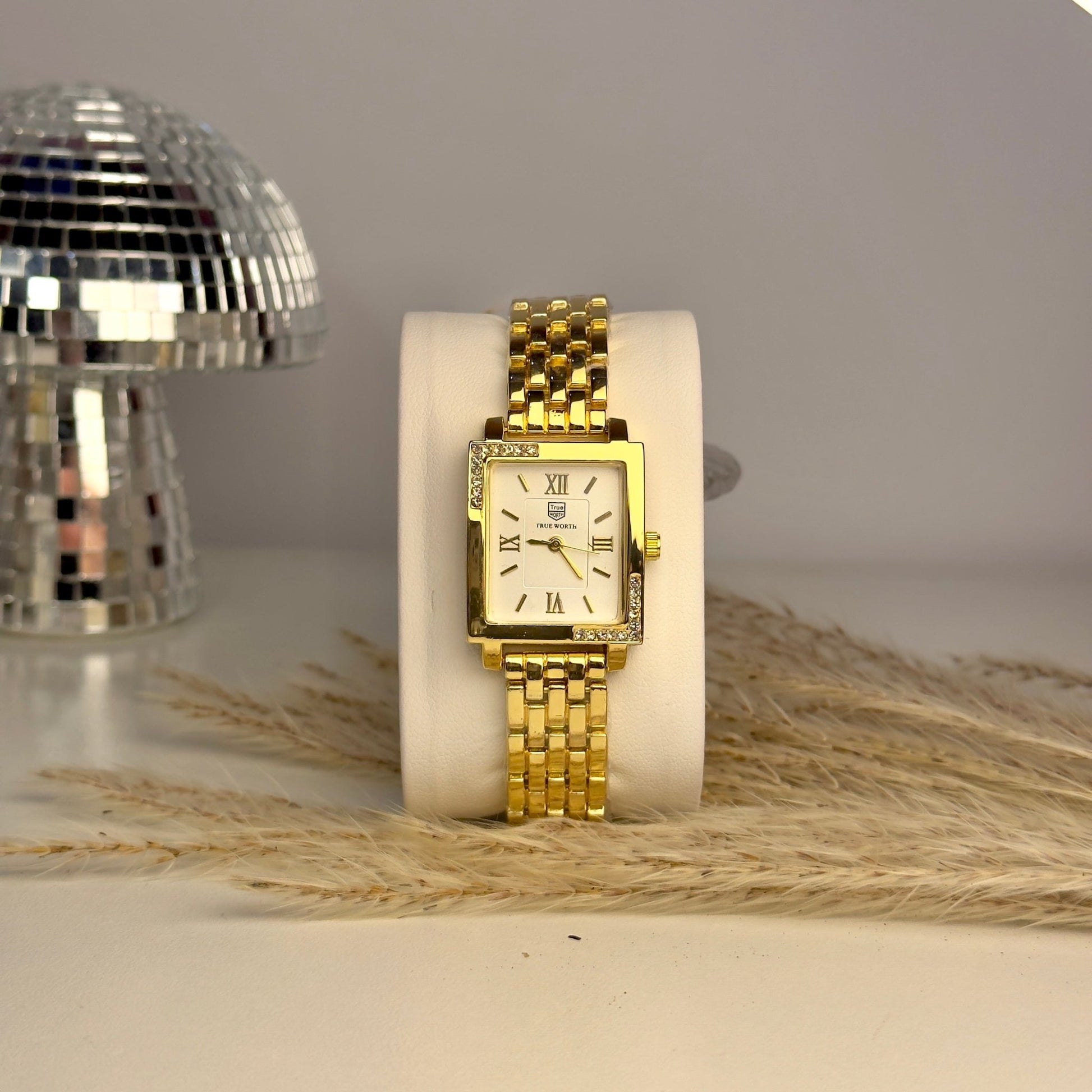 Square - Edged Gold Dial with Classic Steel Chain - AESTHETIC WATCHES